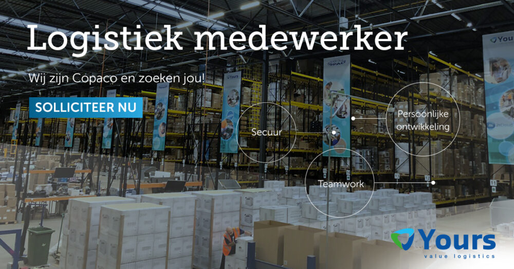 Vacatureafbeelding met daarin "Logistiek Medewerkers" met als achtergrond het warehouse in Wijchen en de kwalificaties